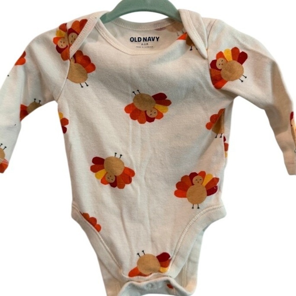 Old Navy Baby Turkey Print Long Sleeve Bodysuit Cream Orange Fall 0-3 Months